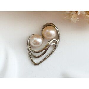 Dual Pearl Accented Heart Shaped Sterling Silver 925 Vintage Pendant | Charm